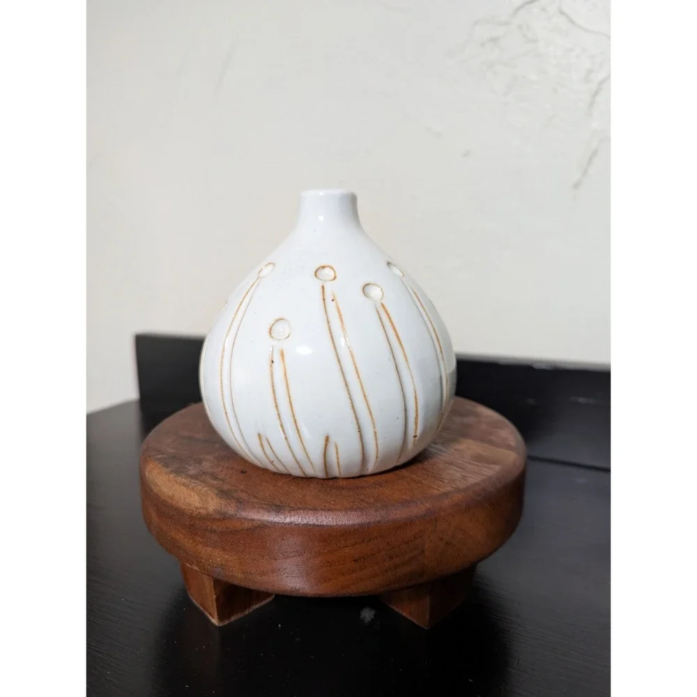 Vintage MCM Neutral‎ Stoneware Bud Vase With Abstract Floral Motif Glossy Finish
